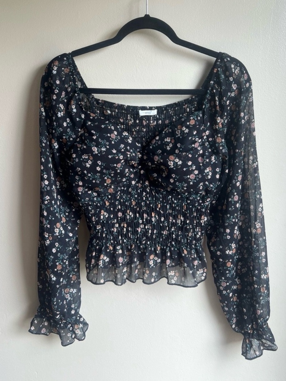 Timing Black Floral Smocked Milkmaid Peasant Blouse